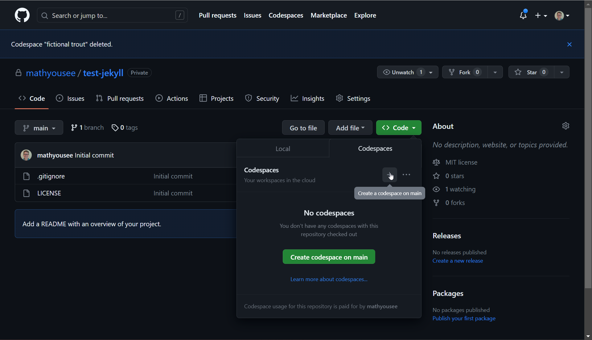 A screenshot of a GitHub repository, navigating to the Create New Codespace action