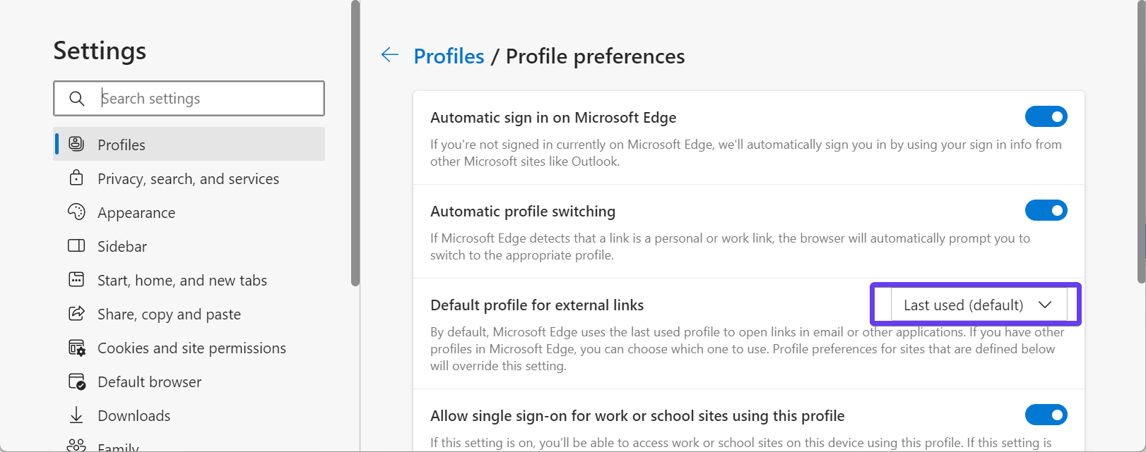 Microsoft Edge settings screen showing the default setting for the Default profile for external links property.