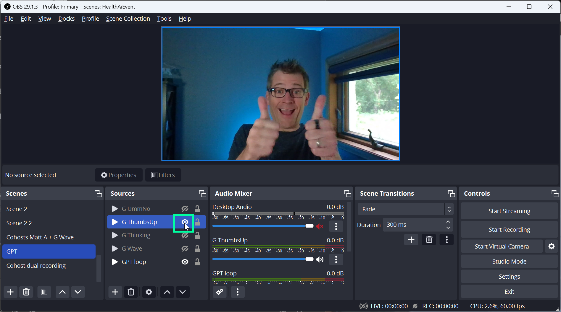 A screenshot of OBS with a box around the "thumbs up" layer, which resulted in the preview pane showing a video with my thumbs up