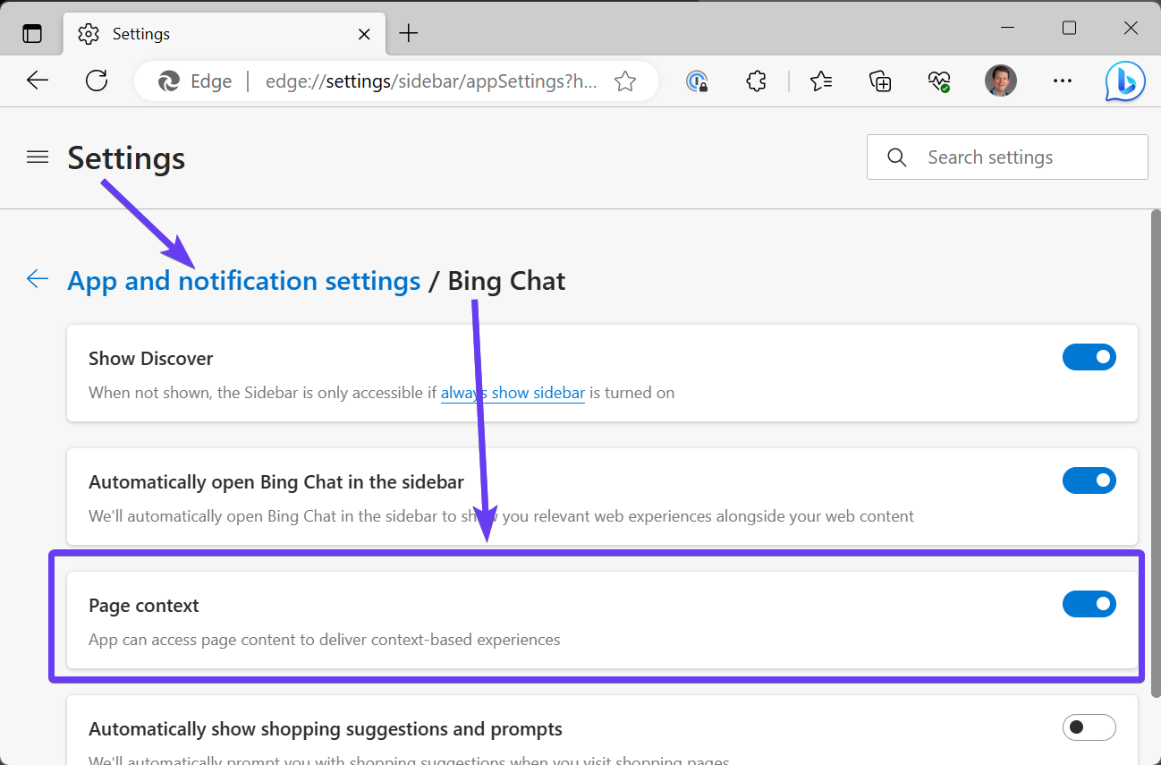 The Edge browser settings for Bing Chat, with "Page context" enabled