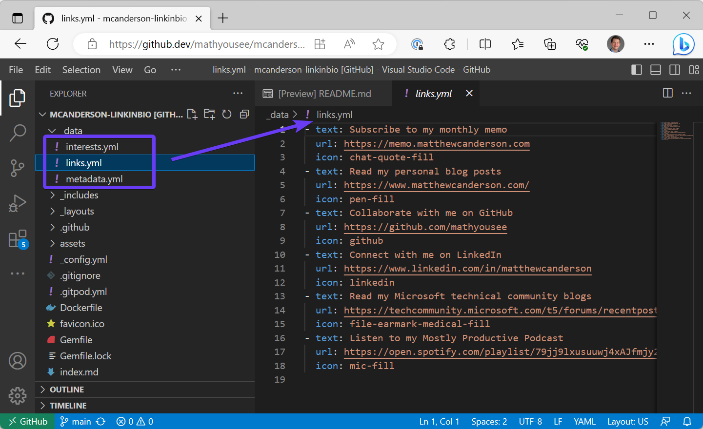 a screen capture of editing the site's links, using visual studio code on github.dev