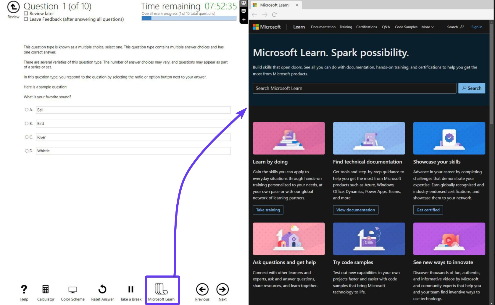 A screenshot of the testing software with the new MS Learn side-panel
