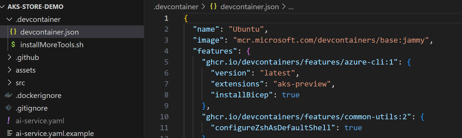 A VS Code screenshot showing some code from the devcontainer.json file
