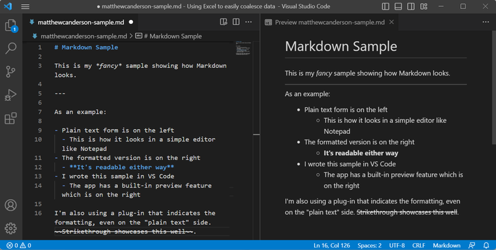 A text editor on the left with plain text and a preview on the right showing the formatted version.