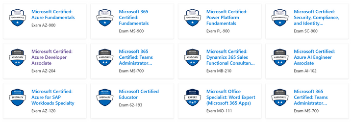 A selection of Microsoft certifications from the MS Learn site