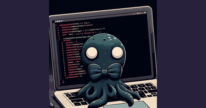 A cartoon laptop with code on the screen and a squidlike character that's NOT Octocat.
