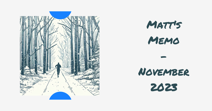 Matts memo banner, featuring a sketch of a person running into the woods